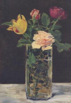 Rosen und Tulpen in einer Vase. Roses et tulipes dans une vase. Roses and Tulips in a Vase, (Detail) 1883 
